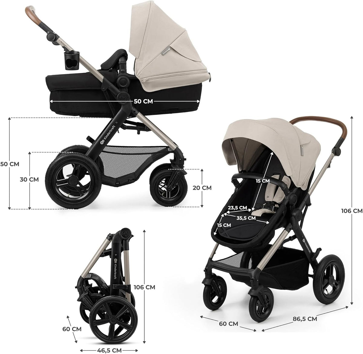 Kinderkraft MOOV2 Poussette 3 en 1, Système de voyage de la naissance à 27 kg, Siège auto Mink PRO I-Size inclus, Capote extensible avec filtre UPF50+, Accessoires pratiques, Gris