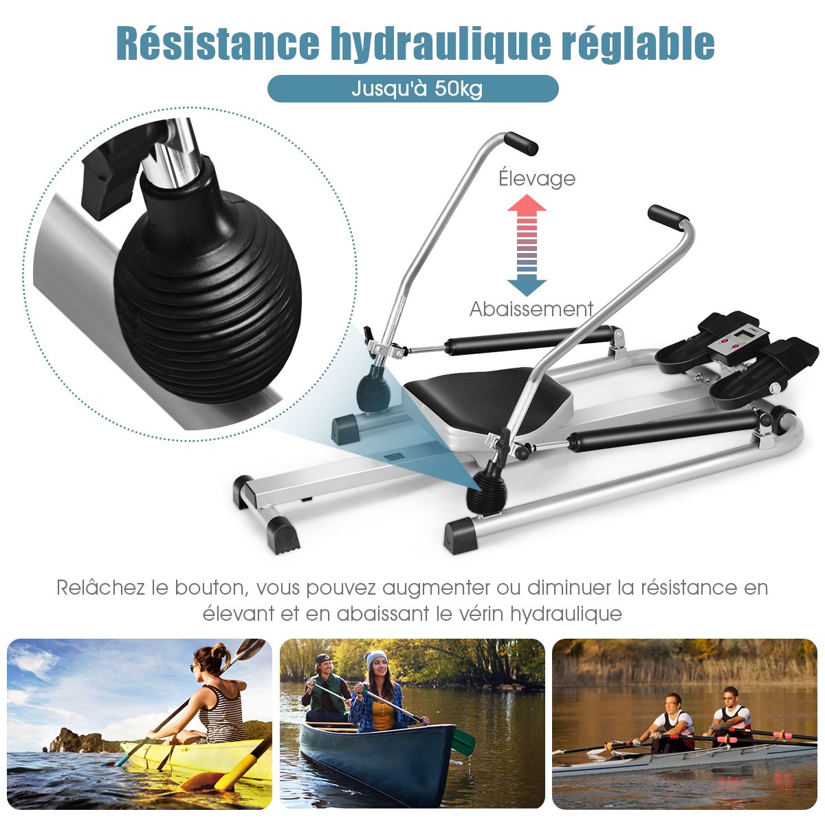 Rameur de Fitness Résistance Hydraulique Réglable 50kg Affichage LCD Pédale Antidérapante Charge de 100 kg Argenté