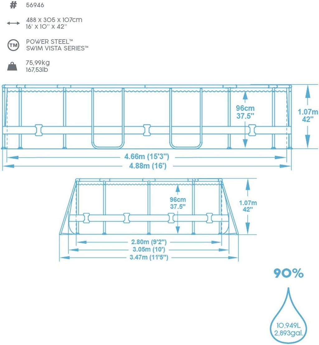 Bestway 56946 Piscine Power Steel? Swim Vista ovale 488 x 305 x 107 cm motif rotin avec hublots, filtration à sable, échelle, bache et diffuseur Chemconnect?