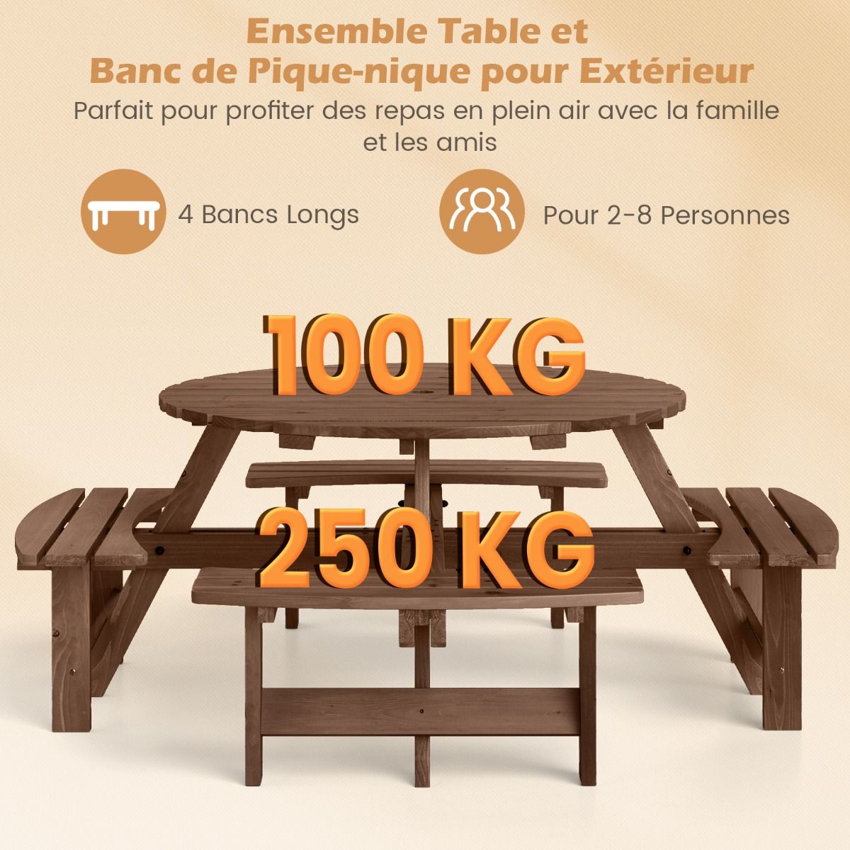 Ensemble Table de Pique-Nique en Bois pour 2 à 8 Personnes Set Table et Banc Circulaire avec 4 Bancs Intégrés Trou de Parasol de 5cm Marron/Jaune