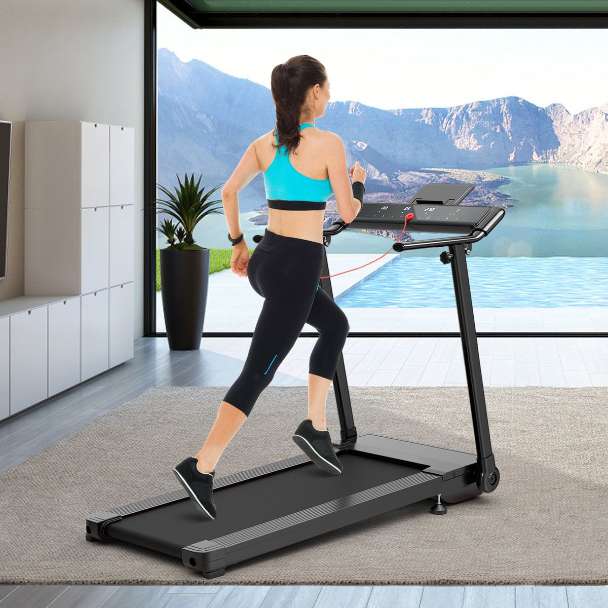Tapis de Course/Marche Pliable 500W 12 Programmes Prédéfinis 0,8-9,6 Km/h Ecran Tactile LED 4 Touches de Raccourci Noir Support pour Ipad