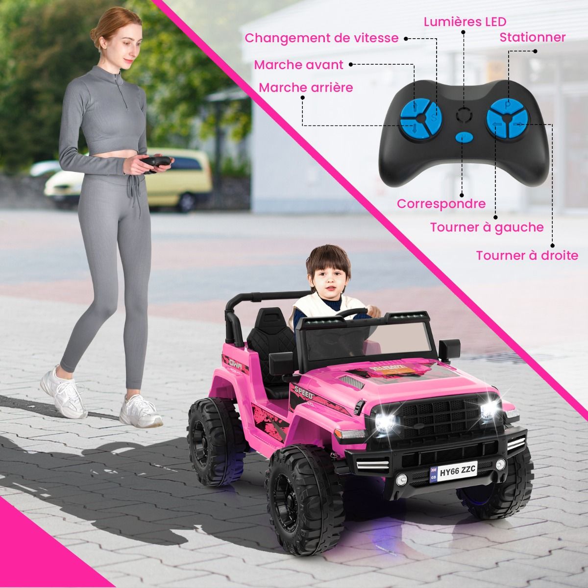 24V Voiture électrique 2 Places Enfants avec Télécommande 2,4G Musique LED Démarrage Lent 2 Vitesses Charge 35kg pour 3-8 Ans+ Rouge/Rose/Vert