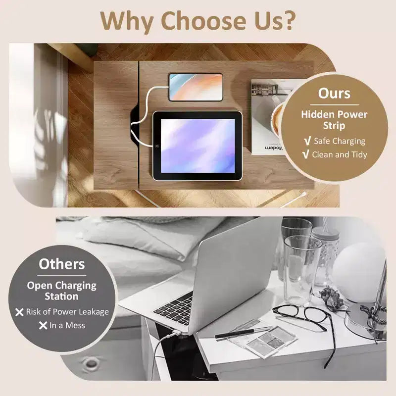 Mesa auxiliar de 1 o 2 piezas con estación de carga, mesa de noche con tapa abatible, puertos USB y tomas de corriente, marrón