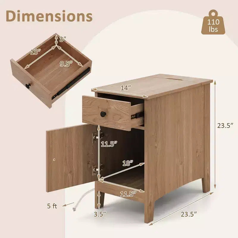 Beistelltisch mit Ladestation, 1/2 Stück, Nachttisch mit Klappplatte, USB-Anschlüssen und Steckdosen, Braun