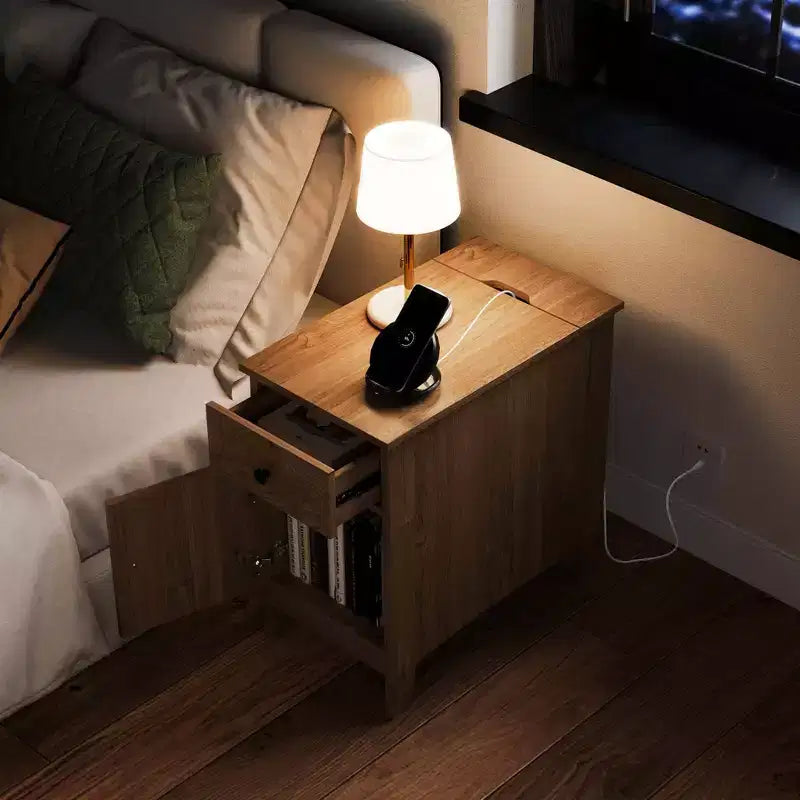 Mesa auxiliar de 1 o 2 piezas con estación de carga, mesa de noche con tapa abatible, puertos USB y tomas de corriente, marrón