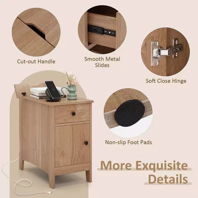 Mesa auxiliar de 1 o 2 piezas con estación de carga, mesa de noche con tapa abatible, puertos USB y tomas de corriente, marrón