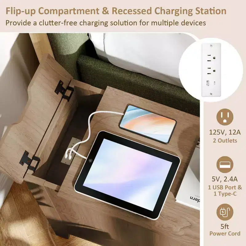 Mesa auxiliar de 1 o 2 piezas con estación de carga, mesa de noche con tapa abatible, puertos USB y tomas de corriente, marrón