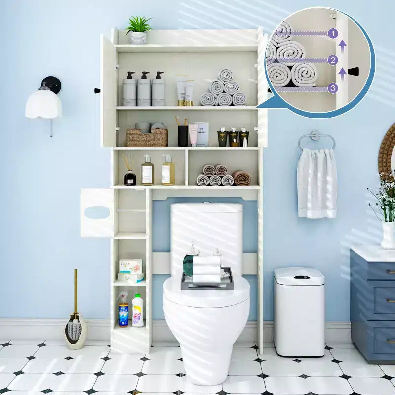 Armario de almacenamiento sobre el inodoro| Estante organizador para baño con puertas tipo granero y portarrollos de papel higiénico