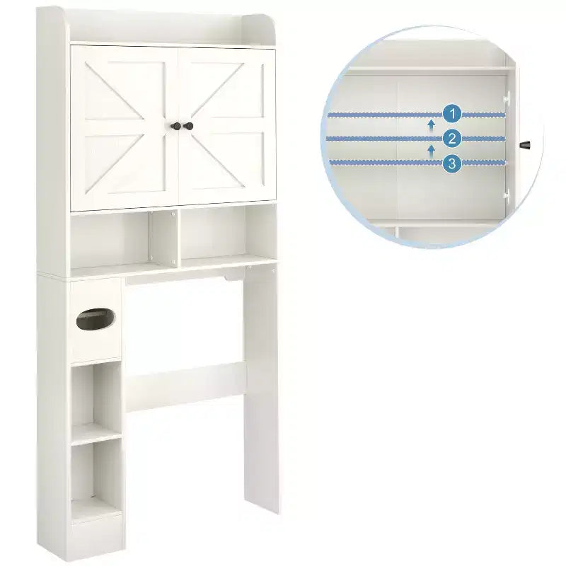 Armario de almacenamiento sobre el inodoro| Estante organizador para baño con puertas tipo granero y portarrollos de papel higiénico
