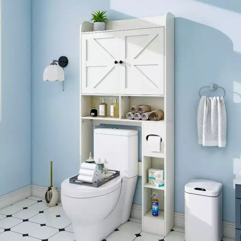 Armario de almacenamiento sobre el inodoro| Estante organizador para baño con puertas tipo granero y portarrollos de papel higiénico