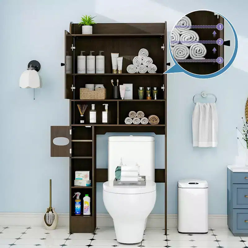Armario de almacenamiento sobre el inodoro| Estante organizador para baño con puertas tipo granero y portarrollos de papel higiénico