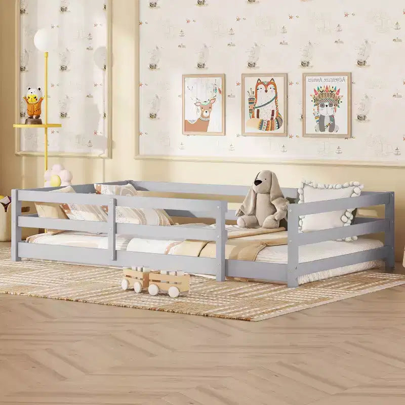 Cadre de lit simple/double, lit bas moderne pour tout-petit avec barrières de sécurité, cadre en bois massif pour chambre d’enfant