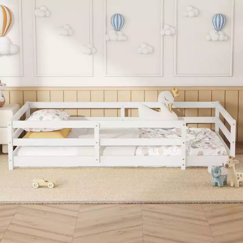 Cadre de lit simple/double, lit bas moderne pour tout-petit avec barrières de sécurité, cadre en bois massif pour chambre d’enfant