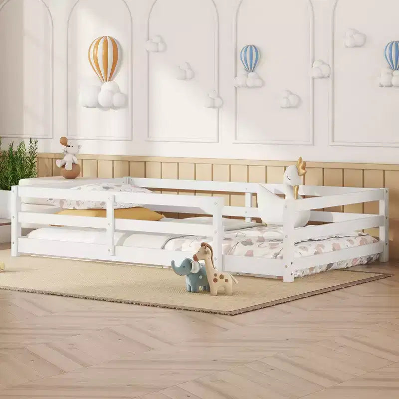 Cadre de lit simple/double, lit bas moderne pour tout-petit avec barrières de sécurité, cadre en bois massif pour chambre d’enfant