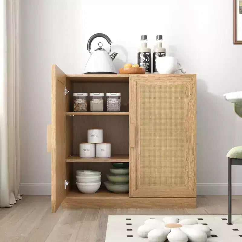 Buffetschrank in Holzoptik, 31x31x16, Ordnungsregal mit verstellbaren Ablagen und Rattantüren für Küche, Schlafzimmer, Wohn-/Esszimmer