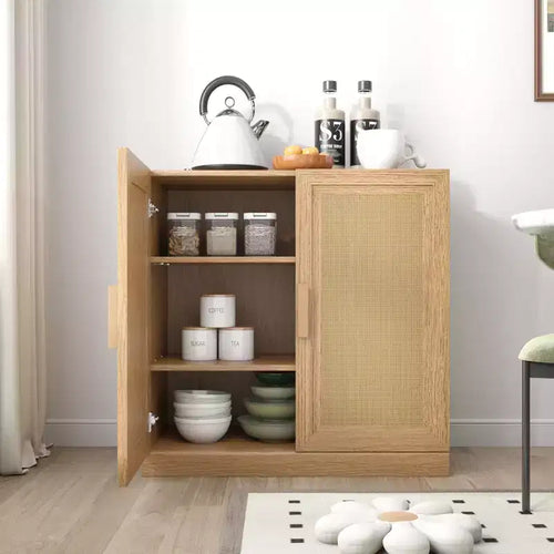 Buffetschrank in Holzoptik, 31x31x16, Ordnungsregal mit verstellbaren Ablagen und Rattantüren für Küche, Schlafzimmer, Wohn-/Esszimmer