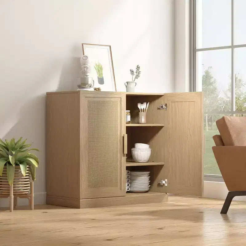 Buffetschrank in Holzoptik, 31x31x16, Ordnungsregal mit verstellbaren Ablagen und Rattantüren für Küche, Schlafzimmer, Wohn-/Esszimmer