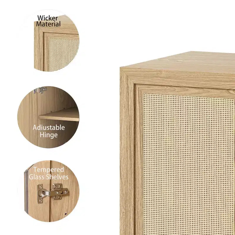 Buffetschrank in Holzoptik, 31x31x16, Ordnungsregal mit verstellbaren Ablagen und Rattantüren für Küche, Schlafzimmer, Wohn-/Esszimmer