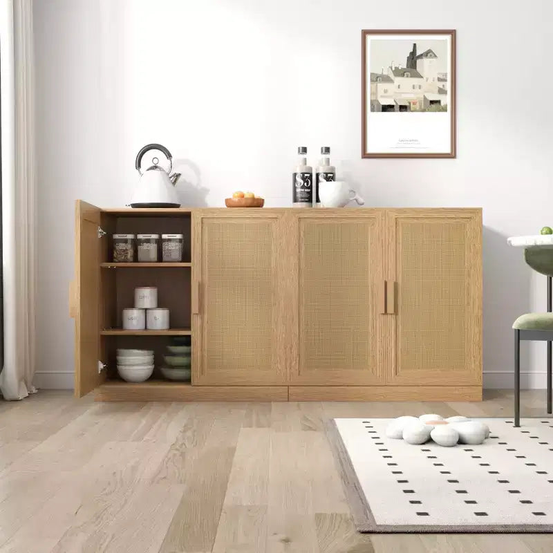 Buffetschrank in Holzoptik, 31x31x16, Ordnungsregal mit verstellbaren Ablagen und Rattantüren für Küche, Schlafzimmer, Wohn-/Esszimmer