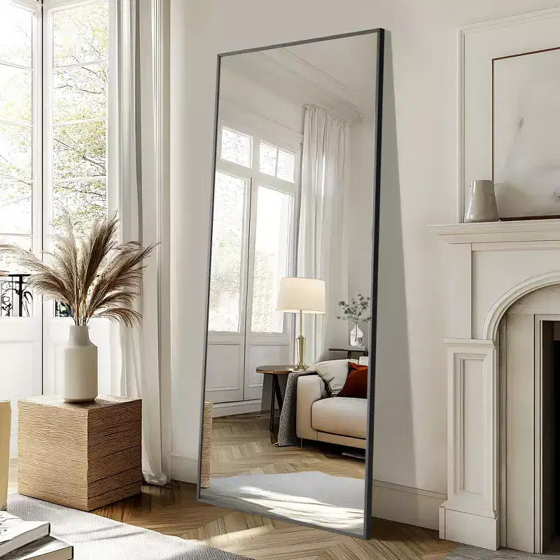 Miroir intégral rectangulaire, miroir sur pied de 71x31 avec support, cadre en alliage d’aluminium noir, pour chambre ou salon, noir