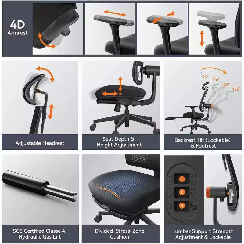 Chaise ergonomique avec repose-pieds - Chaise de bureau à domicile avec soutien lombaire à suivi automatique, accoudoirs 4D, profondeur et hauteur d’assise réglables