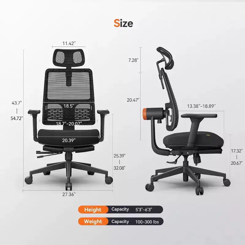 Chaise ergonomique avec repose-pieds - Chaise de bureau à domicile avec soutien lombaire à suivi automatique, accoudoirs 4D, profondeur et hauteur d’assise réglables