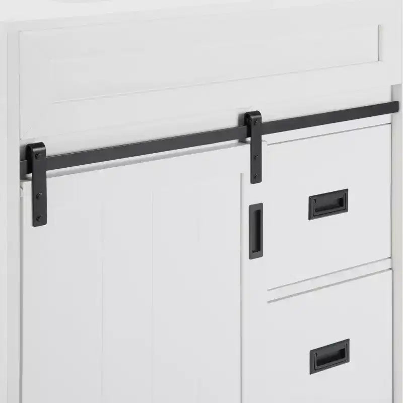 30 weißer Waschtischunterschrank im Landhausstil mit Schiebetüren im Scheunentor-Stil, 2 Schubladen, freistehend mit schützender Rückwand