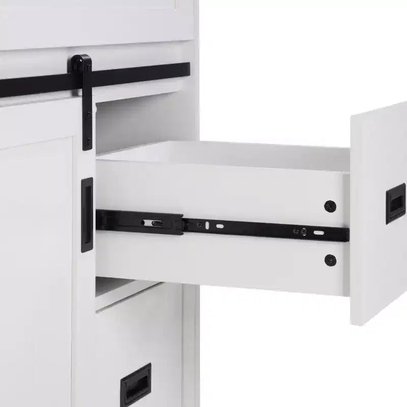 30 weißer Waschtischunterschrank im Landhausstil mit Schiebetüren im Scheunentor-Stil, 2 Schubladen, freistehend mit schützender Rückwand