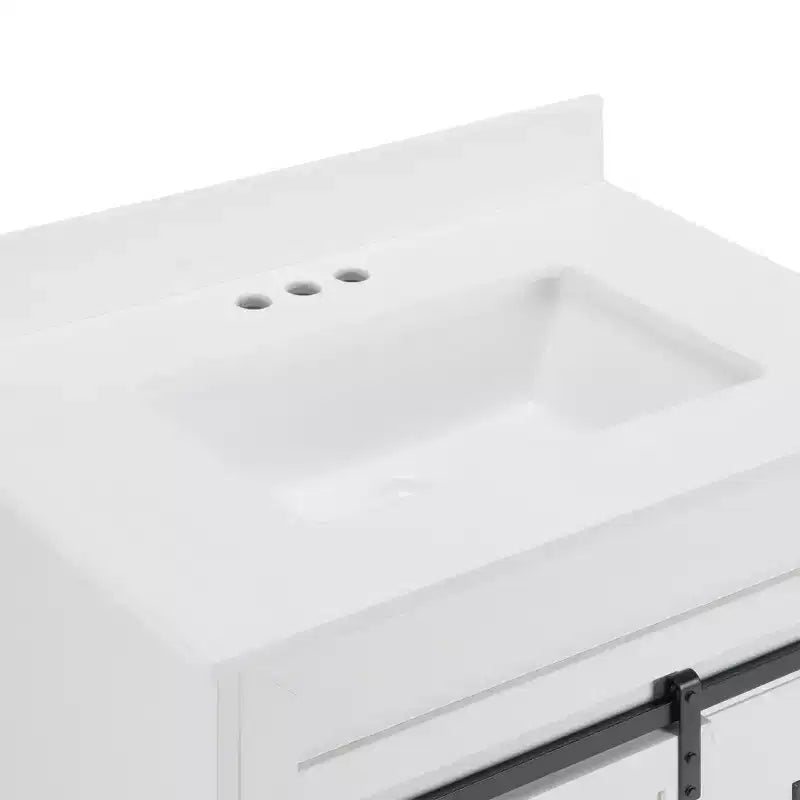 30 weißer Waschtischunterschrank im Landhausstil mit Schiebetüren im Scheunentor-Stil, 2 Schubladen, freistehend mit schützender Rückwand