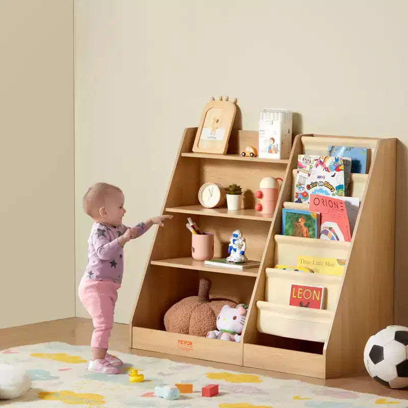 Kinderbücherregal aus Holz mit 4 Ebenen, Schrägbücherregal mit 6 Ablagen, Baby-Aufbewahrungsregal für Bücher, Bücher- und Spielzeug-Organizer, fürs Kinderzimmer und Spielzimmer