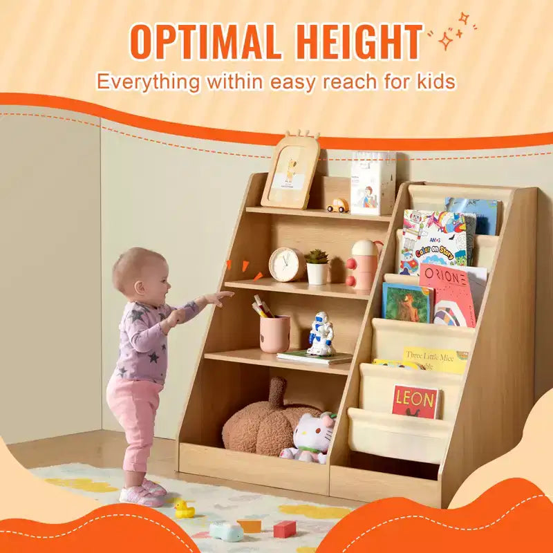 Kinderbücherregal aus Holz mit 4 Ebenen, Schrägbücherregal mit 6 Ablagen, Baby-Aufbewahrungsregal für Bücher, Bücher- und Spielzeug-Organizer, fürs Kinderzimmer und Spielzimmer
