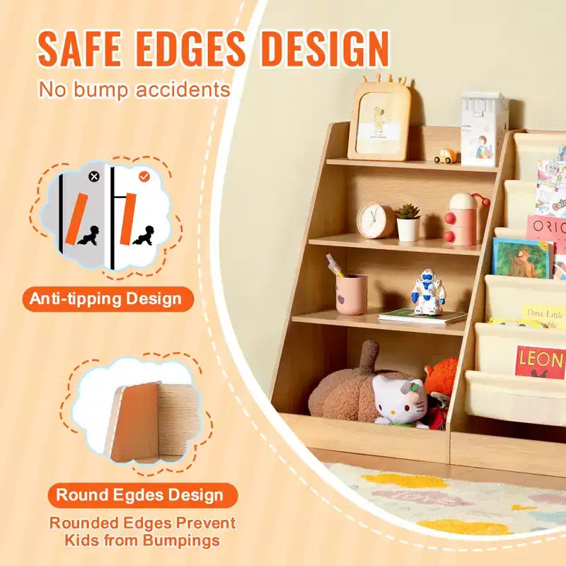 Kinderbücherregal aus Holz mit 4 Ebenen, Schrägbücherregal mit 6 Ablagen, Baby-Aufbewahrungsregal für Bücher, Bücher- und Spielzeug-Organizer, fürs Kinderzimmer und Spielzimmer