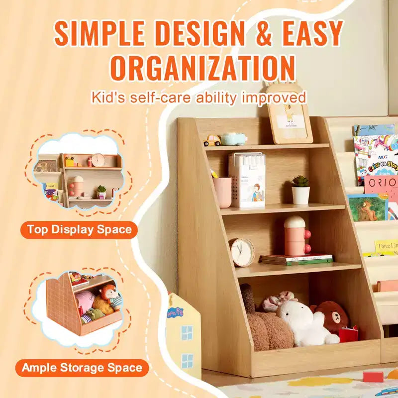 Kinderbücherregal aus Holz mit 4 Ebenen, Schrägbücherregal mit 6 Ablagen, Baby-Aufbewahrungsregal für Bücher, Bücher- und Spielzeug-Organizer, fürs Kinderzimmer und Spielzimmer