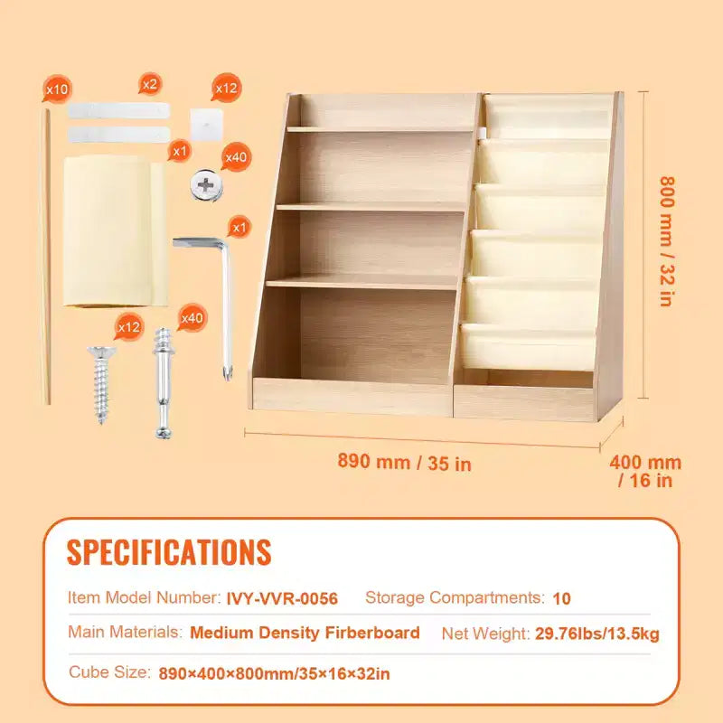 Kinderbücherregal aus Holz mit 4 Ebenen, Schrägbücherregal mit 6 Ablagen, Baby-Aufbewahrungsregal für Bücher, Bücher- und Spielzeug-Organizer, fürs Kinderzimmer und Spielzimmer