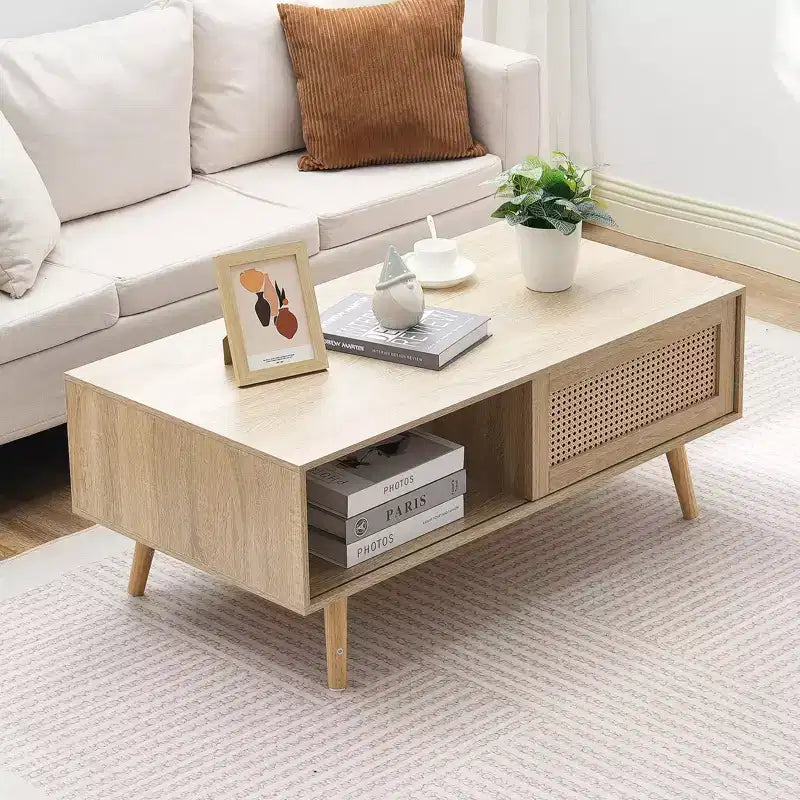 Table basse en rotin, table basse moderne du milieu du siècle, table basse rectangulaire en bois, table basse moderne de style bohème de 42 pouces avec rangement à deux niveaux