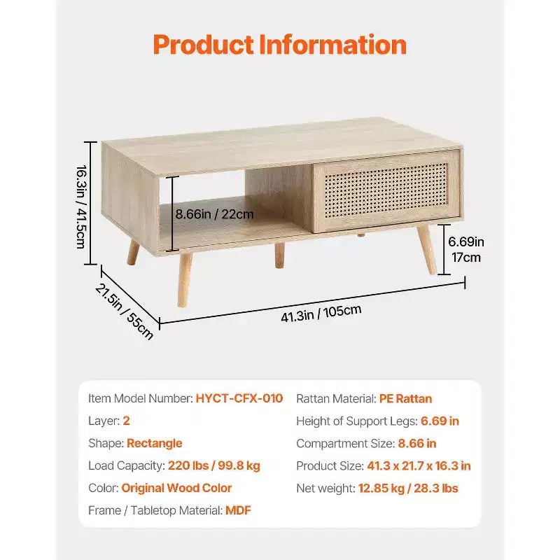 Table basse en rotin, table basse moderne du milieu du siècle, table basse rectangulaire en bois, table basse moderne de style bohème de 42 pouces avec rangement à deux niveaux