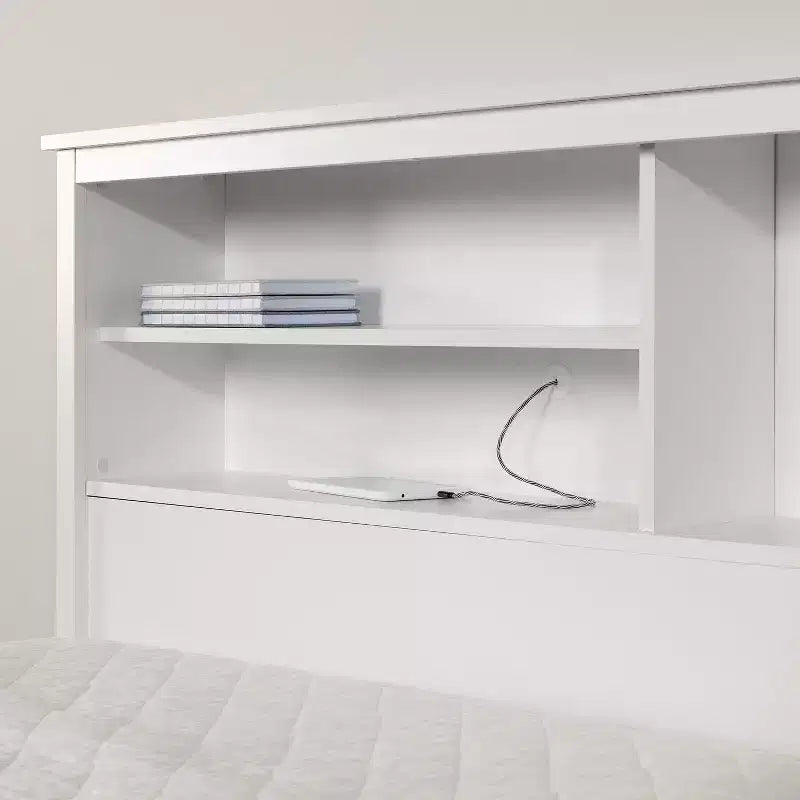 Lit blanc de 40 in.H avec bibliothèque, cadre de lit en panneaux de particules