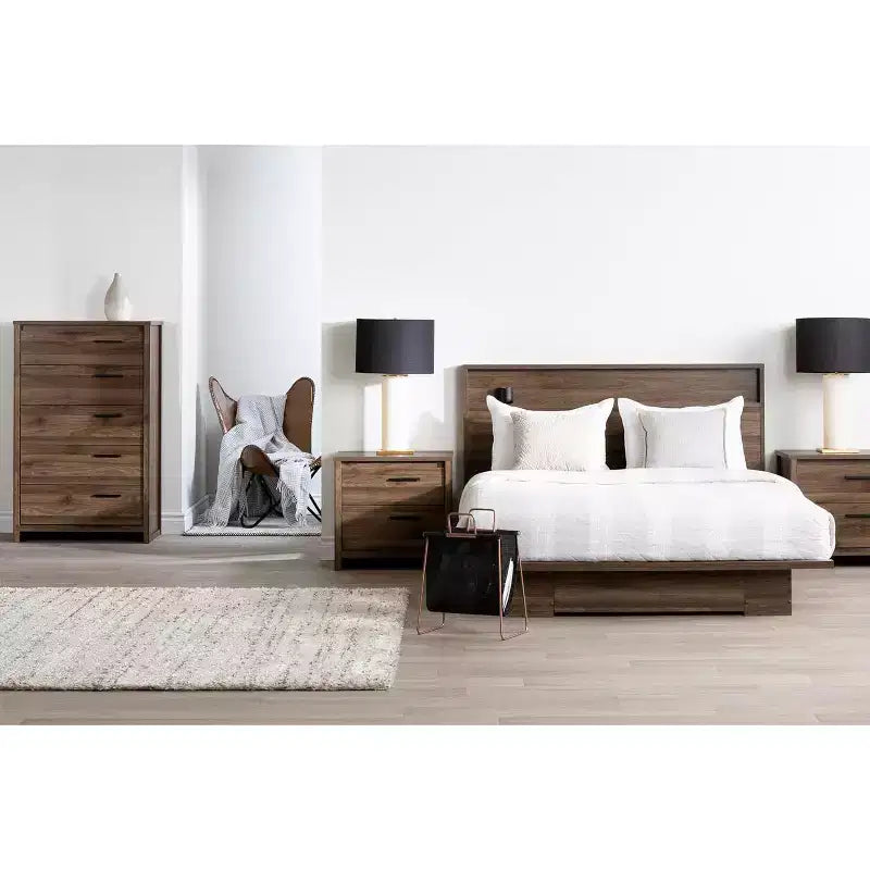 Estructura de cama ajustable marrón de 8.5 in.H con almacenamiento, fabricada con tablero de partículas