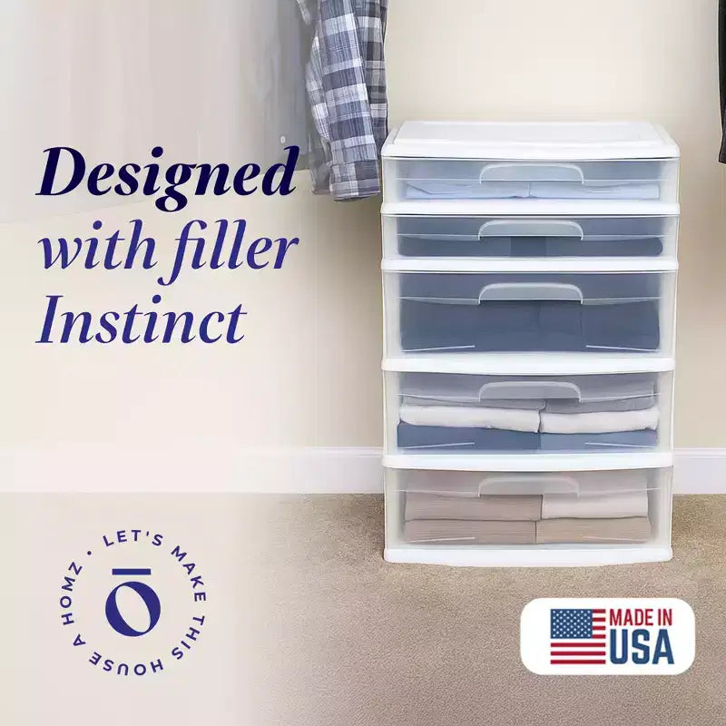 Tour de rangement et d'organisation extra-large en plastique avec 5 tiroirs transparents pour la maison, le bureau, la salle de classe, les loisirs créatifs, les fournitures artistiques et les vêtements, cadre blanc