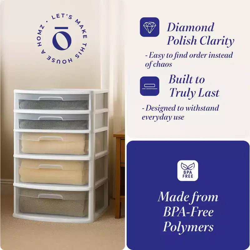 Tour de rangement et d'organisation extra-large en plastique avec 5 tiroirs transparents pour la maison, le bureau, la salle de classe, les loisirs créatifs, les fournitures artistiques et les vêtements, cadre blanc