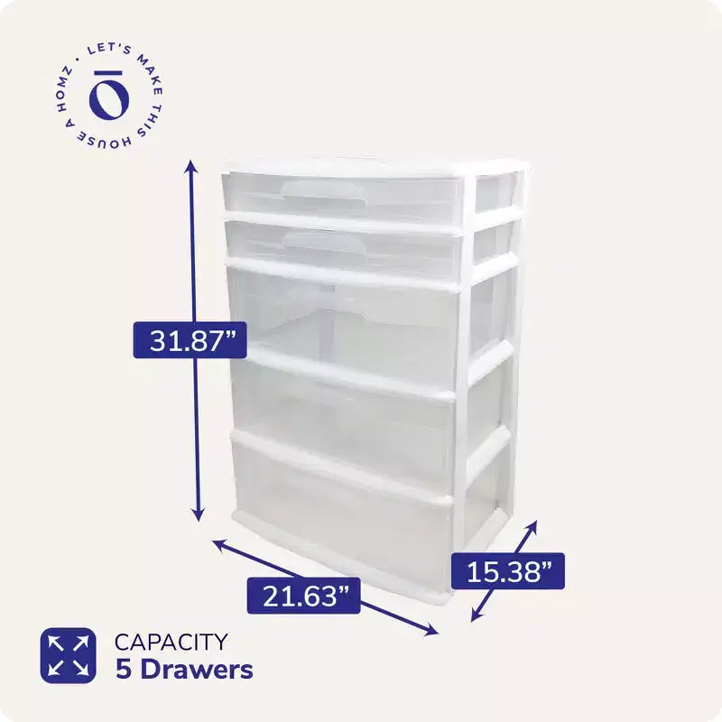 Tour de rangement et d'organisation extra-large en plastique avec 5 tiroirs transparents pour la maison, le bureau, la salle de classe, les loisirs créatifs, les fournitures artistiques et les vêtements, cadre blanc