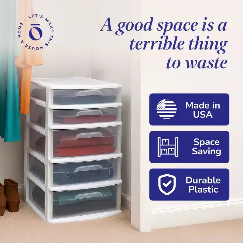 Tour de rangement et d'organisation extra-large en plastique avec 5 tiroirs transparents pour la maison, le bureau, la salle de classe, les loisirs créatifs, les fournitures artistiques et les vêtements, cadre blanc