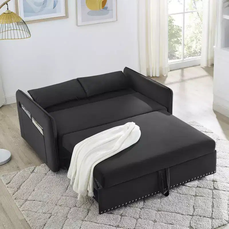 Schlafsofa mit USB-Anschluss, 3-in-1-Ausziehbett und Seitentasche (Samt)