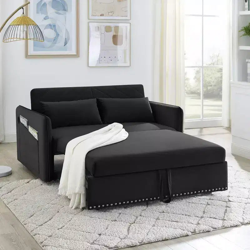 Schlafsofa mit USB-Anschluss, 3-in-1-Ausziehbett und Seitentasche (Samt)