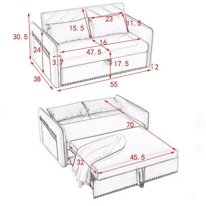 Sofá cama con USB, cama extraíble ajustable 3 en 1 y bolsillo lateral (terciopelo)