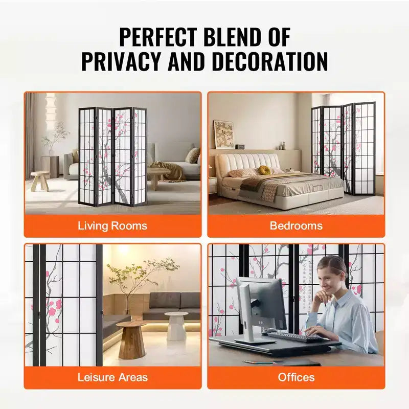 Separador de ambientes, biombo japonés de 4 paneles, pantalla plegable de madera para interiores que brinda privacidad, separador portátil decorativo, marrón y blanco