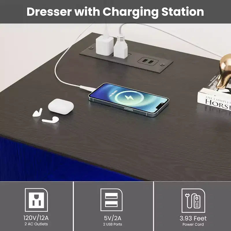 Commode blanche pour chambre, commode à 6 tiroirs avec éclairage LED et station de recharge, pour salon et couloir