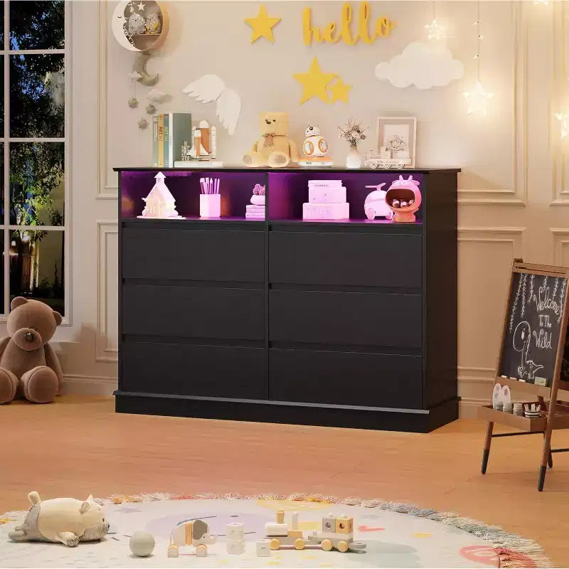 Commode blanche pour chambre, commode à 6 tiroirs avec éclairage LED et station de recharge, pour salon et couloir