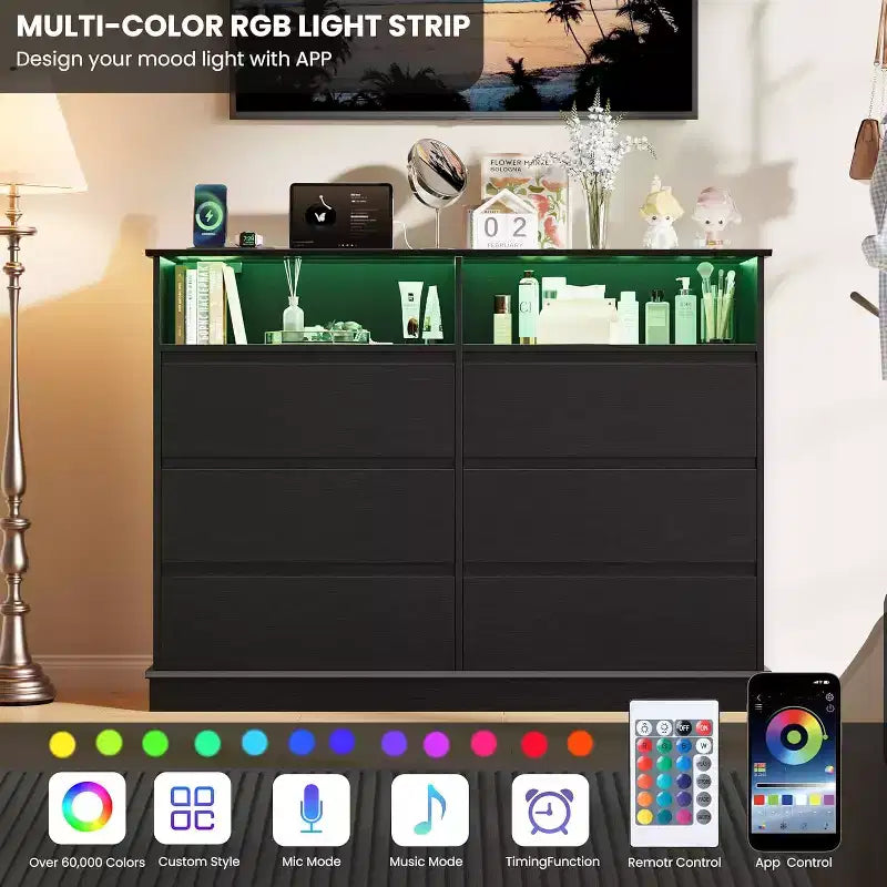 Commode blanche pour chambre, commode à 6 tiroirs avec éclairage LED et station de recharge, pour salon et couloir