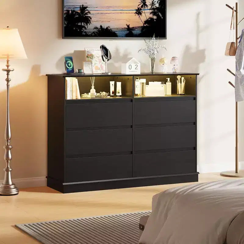 Commode blanche pour chambre, commode à 6 tiroirs avec éclairage LED et station de recharge, pour salon et couloir